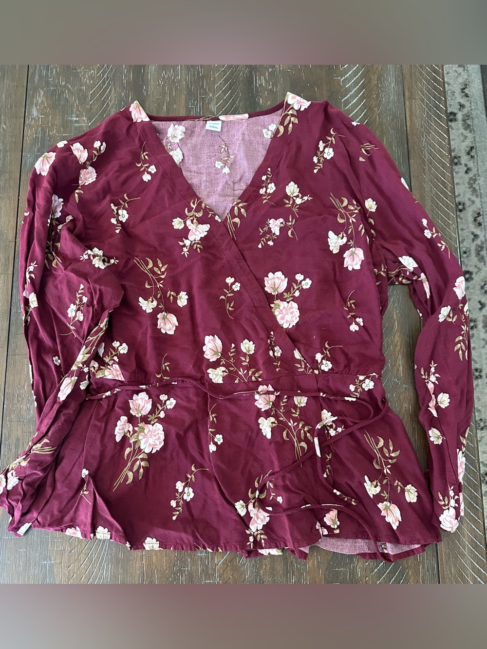 Old Navy Burgundy Floral Wrap Blouse with Pink Roses - Size L